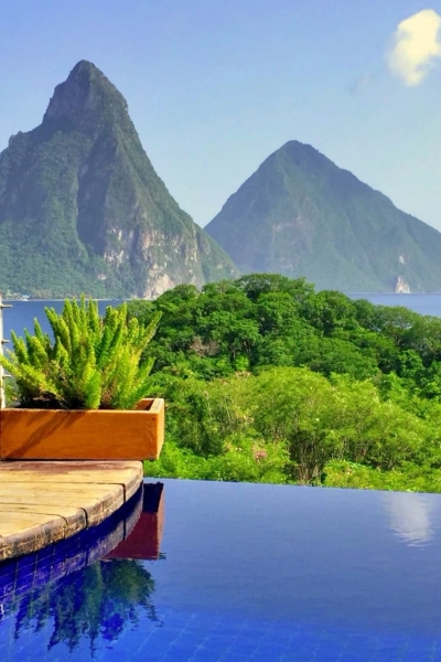 Infinity pool overlooking the Pitons mountains in Saint Lucia.