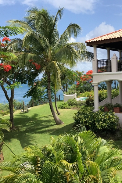 Luxury St. Lucia Oceanfront Villa – Tropical garden with palm trees and sea view from a Caribbean villa.