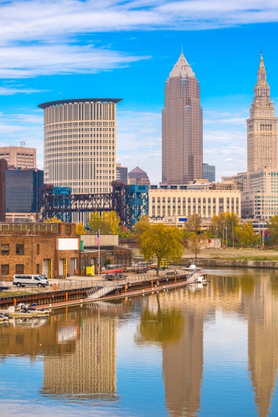 Cleveland skyline with buildings reflecting on the Cuyahoga River in Ohio.