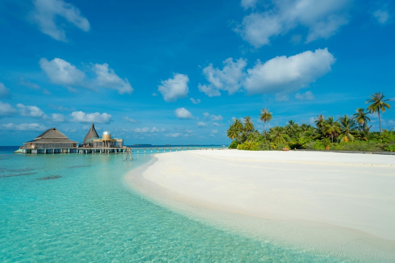 White sandy beach with palm trees and turquoise water, facing an overwater restaurant under a clear blue sky.