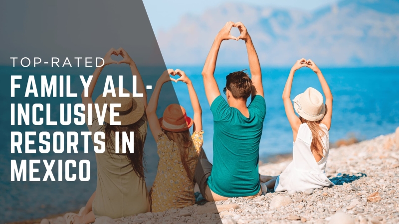 Family sitting on a beach in Mexico making heart shapes with their hands.