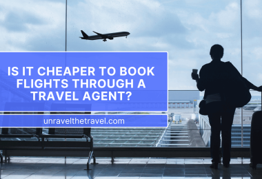Traveler with suitcase looking out at an airplane taking off through large airport windows, with text overlay about booking flights through a travel agent.
