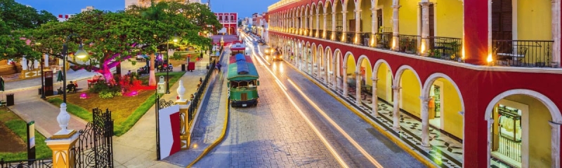 Night view of Campeche Cathedral and colonial architecture in Campeche City, Mexico
