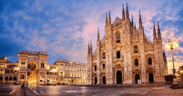 Stunning view of Milan Cathedral and Piazza del Duomo at sunset, Milan, Italy