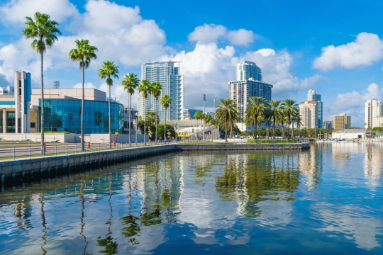 City waterfront with palm trees, modern buildings, and reflections in the water.
