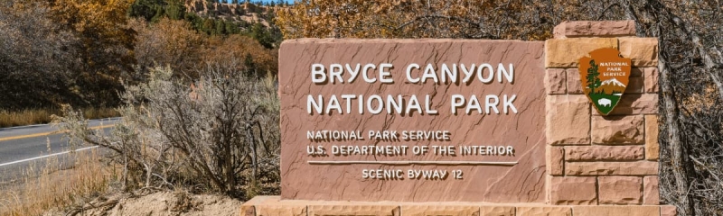 Entrance sign of Bryce Canyon National Park in Utah along Scenic Byway 12, managed by the U.S. National Park Service