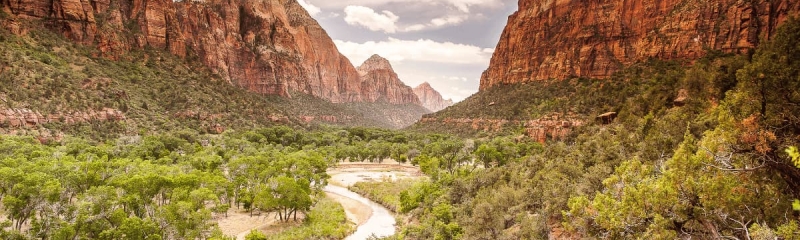 Panoramic view of Zion National Park in Utah, showcasing towering red cliffs, the Virgin River, and lush green valley landscape.