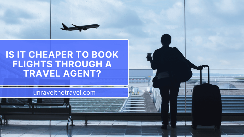 Traveler with suitcase looking out at an airplane taking off through large airport windows, with text overlay about booking flights through a travel agent.