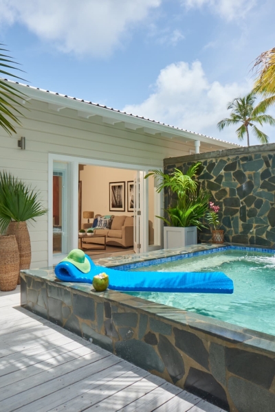 Private Pool Villa in St. Lucia – Tropical courtyard with plunge pool and waterfall feature at a Caribbean resort.